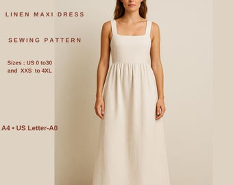 Linen Maxi Dress Sewing Pattern - PDF, Sleeveless Boho Summer Dress with Pockets, Gathered Waist, Sewing Pattern,Sundress Pattern