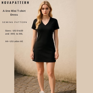 Peut inclure: Robe noire en forme de T-shirt mini A, avec un col en V et des manches courtes. La robe est portée par une personne. L'image comprend le texte "NOVAPATTERN", "A-line Mini T-shirt Dress", "SEWING PATTERN", et des informations de taille.