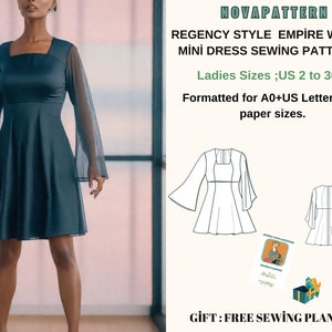 May include: A sewing pattern for a Regency style empire waist mini dress. The pattern is available in sizes UK 2 to 30 and is formatted for A0, UK Letter, and A4 paper sizes. The pattern includes a free sewing planner.