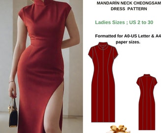 China Cheongsam Dress  Sewing Pattern,Chinese Vintage Dress,Tea Ceremony,mandarin neck-Ladies Size ;( US2 to 30 )-EU(XS to 4XL)