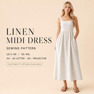 Op de afbeelding: Een mouwloze, gebroken witte midi-jurk met een aansluitend lijfje en een wijde, zwierige rok. De tekst op de afbeelding luidt: LINEN MIDI DRESS SEWING PATTERN, US 2-40 | XS-4XL, A4 | US LETTER | A0 | PROJECTOR, CUSTOM FIT OPTION AVAILABLE.