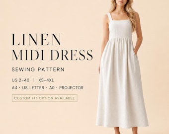 Linen Midi Gathered Dress Sewing Pattern, Square Neck Sleeveless Dress PDF Pattern, Simple Summer Sundress, A4 A0 US Letter, XS–4XL