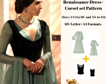 Renaissance Mittelalter Cosplay Kleid und Korsett Muster, Fee, Regency, Elfenkleid, Maxikleid, Halloween-Kostüm, A0 A4 US Letter-US 2 bis 30