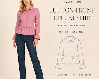 Peplum Shirt Sewing Pattern, Button Down Top PDF, Long Sleeve Blouse (Digital Download)