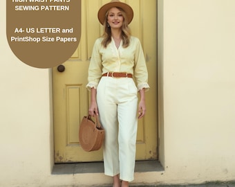 Patrón de costura para pantalones plisados de cintura alta: estilo cottagecore (tamaño A0-US Letter-A4)