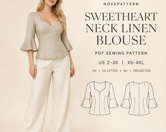 Sweetheart Neckline Blouse Sewing Pattern | Puff Sleeve Linen Top | Romantic Cottagecore Blouse | PDF Pattern A4 A0 US Letter