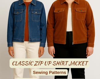 Women’s Jacket Sewing Pattern | Denim or Corduroy Jacket PDF | Classic Zip Up Shirt Jacket | Casual Outerwear Pattern | DIY Fall Coat Sewing