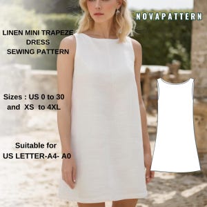 以下が含まれることがあります： 白いリネンミニトラペーズドレスの縫製パターン。パターンは、USサイズ0〜30、XS〜4XLに対応しています。パターンは、USレター、A4、A0の用紙サイズに適しています。パターンには、ドレスの線画が含まれています。