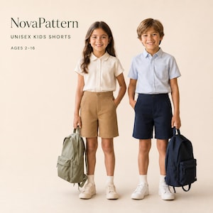 May include: NovaPattern Unisex Kids Shorts Ages 2-16. Two children wearing collared shirts and shorts. One child wears a white polo shirt with tan shorts and an olive backpack. The other wears a light blue button-down shirt with navy blue shorts and a navy backpack.