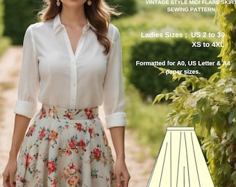Patrón de costura para falda midi de estilo cottagecore, patrón de falda acampanada vintage en PDF, falda fruncida de cintura alta, tamaño A4, letra A0 de EE. UU.
