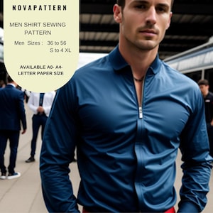 May include: A blue long-sleeved shirt with a zip fastening. The shirt is available in sizes 36 to 56 and S to 4XL. The text "NOVAPATTERN" is at the top of the image. The text "MEN SHIRT SEWING PATTERN" is below the brand name. The text "Men Sizes: 36 to 56 S to 4 XL" is below the pattern name. The text "AVAILABLE A0-A4- LETTER PAPER SIZE" is at the bottom of the image.