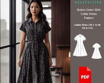 Naaipatroon overhemdkraagjurk button-down, fit & flare midi-jurk pdf-patroon, linnen of katoenen zomerjurk, A4 A0 US Letter