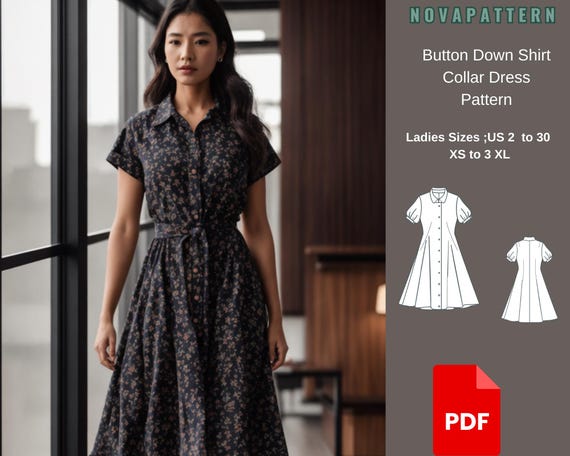 Button Down Shirt Collar Dress Sewing Pattern, Fit and Flare Midi Dress PDF Pattern, Summer Linen or Cotton Dress, A4 A0 US Letter