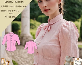 Collar Shirt Blouse Pattern,Formal Office shirt ,Suitable for A0-A4-Letter Sizes; US 2 to 30