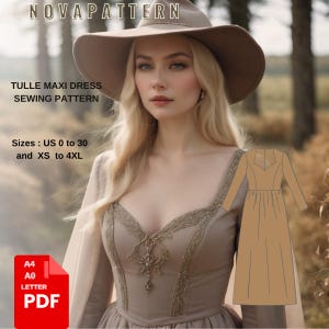 Patrón de vestido de princesa vaquera, cuello en forma de corazón, vestido largo de manga larga, adecuado para papel de tamaño carta A0-A4; tamaños: EE. UU. 2 a 30 // XS a 4XL