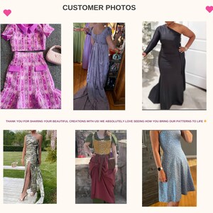 May include: A collection of six garments including a pink patterned two-piece set, a lavender puff-sleeve gown, a black one-shoulder dress, a patterned one-shoulder gown with a side slit, a gold corset with a red skirt, and a blue floral dress.