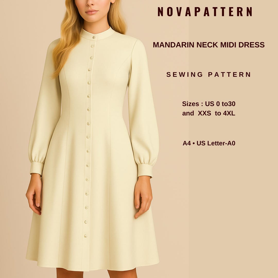 Mraz Pattern Mandarin Neck Midi Dress Sewing Pattern: US 0-30, XXS-4XL (PDF Pattern ...