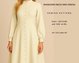 Mandarin Neck Midi Flare Sewing Pattern,Suitable For :A0- A4- US Letter paper -Ladies Size (US 0 to 30) and XXS to 4XL
