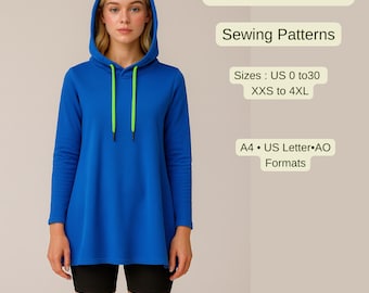 Hooded Tunic Sewing Pattern | Long Sleeve Casual Hoodie Top | Sporty Sweatshirt Dress | Easy PDF Sewing Pattern for Women