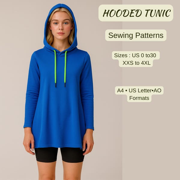 Kapuzen Tunika Schnittmuster | Langarm Casual Hoodie Top | Sportliches Sweatshirt-Kleid | Einfaches PDF-Schnittmuster für Frauen