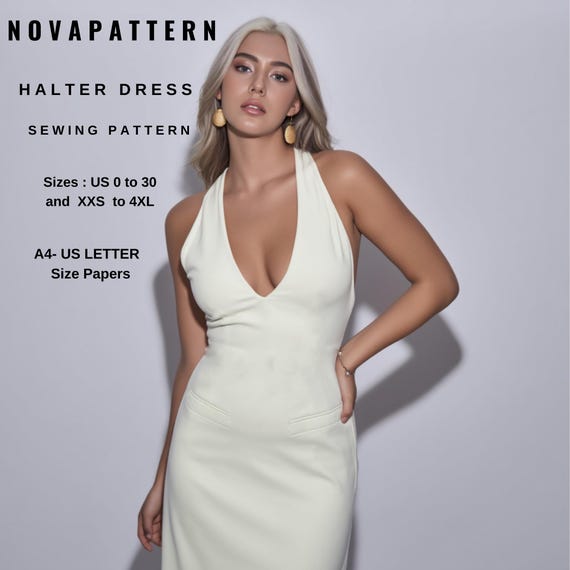Halter Bridal Gown Sewing Pattern: Deep V Neck Midi Dress (A4-US Letter) (Digital Download)