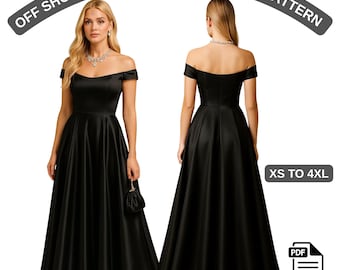 Off Shoulder Maxi Dress Sewing Pattern, Elegant Evening or Wedding Guest Gown PDF Pattern A4 A0 US Letter Sizes US 2–30