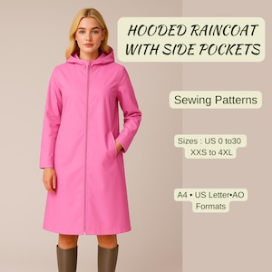 Raincoat Sewing Pattern: Hooded Front Zipper Jacket (XS-4XL) (PDF Pattern)
