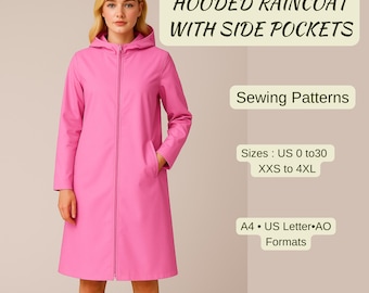 Patrón de costura para impermeable con capucha, chaqueta impermeable con cremallera frontal para mujer, patrón PDF, tallas XS-4XL, tamaño A4, tamaño carta (EE. UU.) A0