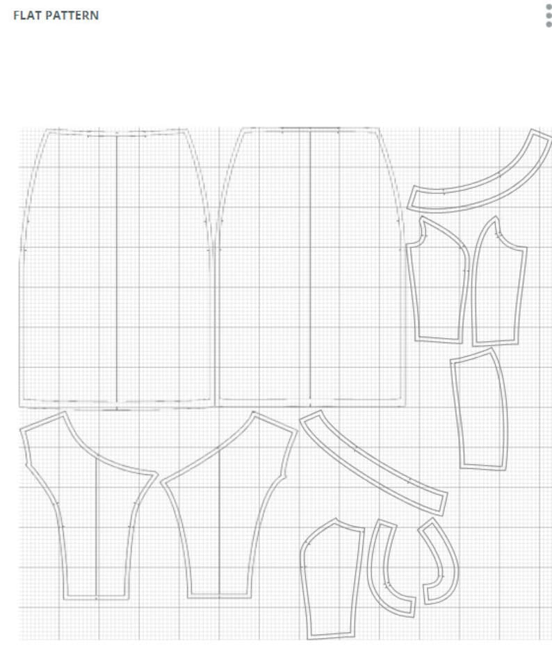 May include: A flat pattern for a garment, including pieces for the front, back, sleeves, and collar. The pattern is printed on a gridded background.