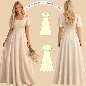Cottagecore Kleid Schnittmuster | Maxikleid mit quadratischem Ausschnitt und Puffärmeln | Romantischer Präriestil | PDF Schnittmuster für Damen