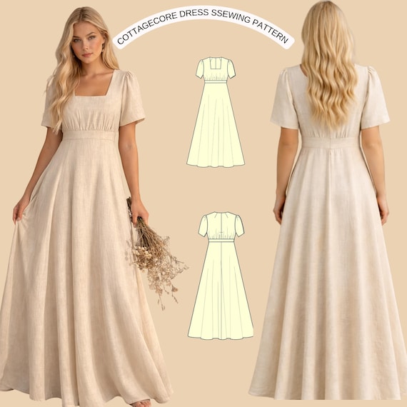 Cottagecore Dress Sewing Pattern | Square Neck Puff Sleeve Maxi Dress | Romantic Prairie Style | PDF Sewing Pattern for Women