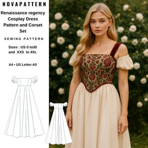 Renaissance regency Cosplay Dress Pattern and Corset,fantasy dress,Elvish,Maxi Celtic off shoulder dress sewing pattern,halloween costume