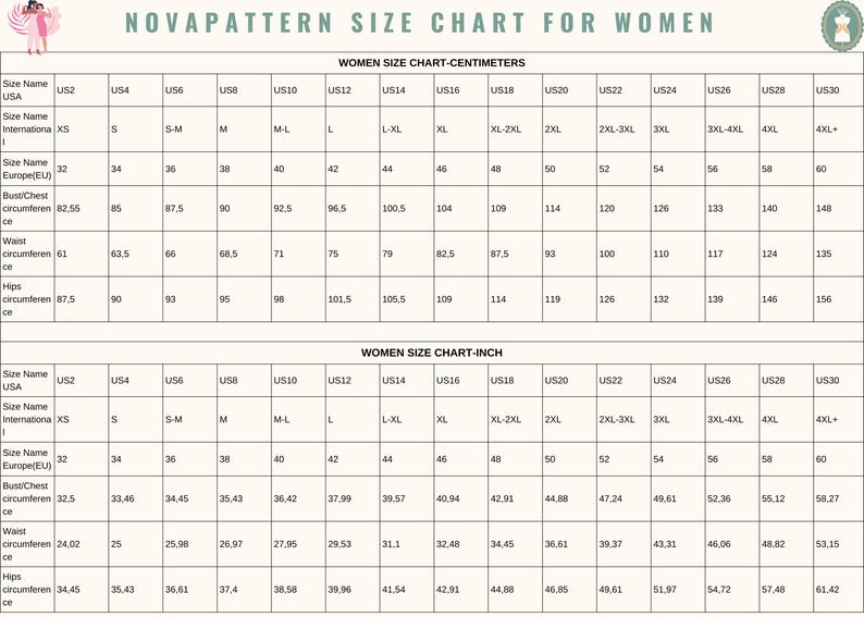 以下が含まれることがあります： 女性用のサイズチャートで、センチメートルとインチの測定値が表示されています。 US2からUS30までのサイズが含まれており、国際サイズとヨーロッパサイズに対応しています。 バスト、ウエスト、ヒップの周囲の測定値が提供されています。