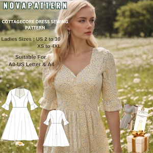 Patrón de vestido de verano midi de estilo cottagecore con escote corazón, mangas acampanadas y entalladas. Tallas A0-A4 (EE. UU.: 2 a 30).