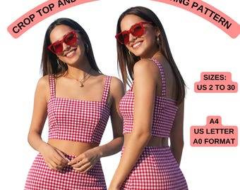 Patrón de costura para conjunto de top corto y minifalda / Conjunto de verano de cuadros vichy / Conjunto de dos piezas a juego / Patrón de costura en PDF para mujer