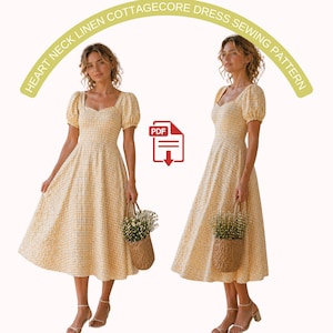 May include: A yellow and white checked linen dress with a heart-shaped neckline and puff sleeves. The dress is midi-length and is shown on a model holding a woven basket. Text on the image reads "HEART NECK LINEN COTTAGECORE DRESS SEWING PATTERN".