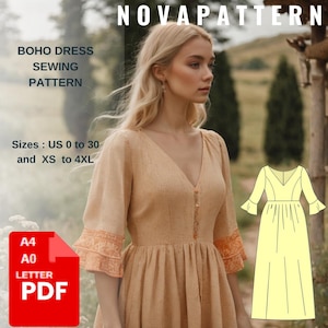 Boho Leinen Kleid Fee Cottagecore Kleid Muster, Midi Kleid mit geraffter Taille, geeignet für A0-A4-US Letter // Sizes; US 2 bis 30 // XS bis 4XL