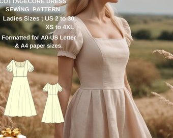 Patrón de vestido Fairy Cottagecore, Renacimiento, Regencia, Maxi Vestido, Adecuado para A0-A4-US Carta // Tamaños; EE.UU. 2 a 30 // XS a 4XL