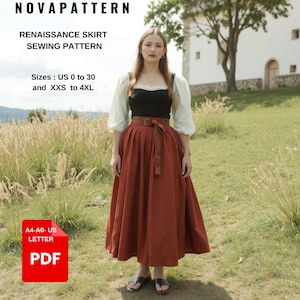 May include: A sewing pattern for a Renaissance skirt, with sizes ranging from UK 0 to 30 and XXS to 4XL. The pattern is available in A4, A0, and UK Letter sizes and is in PDF format.
