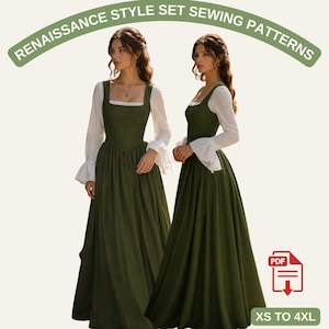Peut inclure: Deux robes de style Renaissance vert olive avec des manches blanches. Les robes ont un col carré et un corsage ajusté qui s'évase en une jupe ample. Le texte "RENAISSANCE STYLE SET SEWING PATTERNS" et "XS TO 4XL" est inclus.