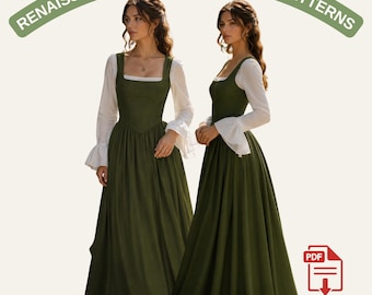 Renaissance Dress Set Sewing Pattern | Medieval Blouse and Bustier Maxi Skirt | Historical Costume PDF Pattern | Cottagecore Outfit