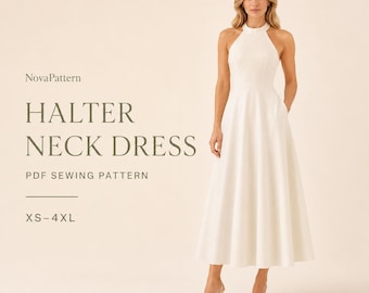Patrón de costura para vestido midi elegante con escote halter (descarga en PDF)