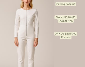 Women’s Jumpsuit Sewing Pattern, Zip Front Pajama or Lounge Wear PDF Pattern, Long Sleeve Fitted Suit, A4 A0 US Letter Sizes