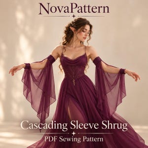 May include: A deep purple cascading sleeve shrug featuring sheer, flowing fabric that drapes from the upper arms. The garment includes fitted cuffs and is presented as a NovaPattern PDF sewing pattern for a dress with a high leg slit.