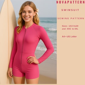 Puede incluir: Un patrón de costura para un traje de baño rosa de manga larga. El patrón incluye las tallas ES 34 a 54 y XXS a 4XL. El patrón está disponible en tamaños A4 y US Letter.