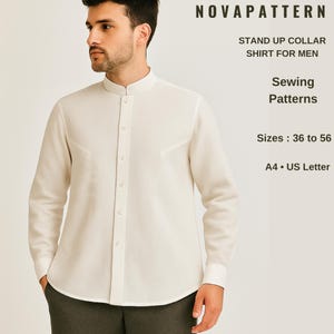 Naaipatroon overhemd heren opstaande kraag | Overhemd met mandarijnkraag pdf | Casual overhemd met knoopsluiting | Minimalistisch linnen overhemd DIY