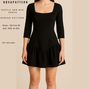 Ruffle Mini Dress Sewing Pattern: Square Neck, US Size 2-30 (PDF Pattern)