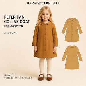 May include: A sewing pattern for a Peter Pan collar coat, ages 2 to 16, by NOVAPATTERN KIDS. The image displays a child wearing the mustard-colored coat with a front button closure and two pockets, alongside technical line drawings of the coat.