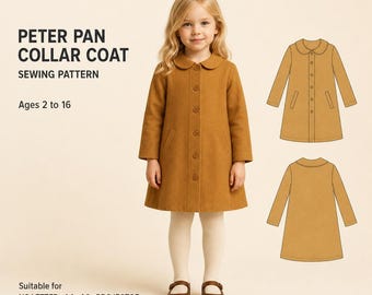 Naaipatroon voor een kinderjas met Peter Pan-kraag, klassiek jasje met knoopsluiting (PDF-patroon), bovenkleding voor peuters tot tienermeisjes, leeftijd 2-16 jaar, A4 A0 US Letter