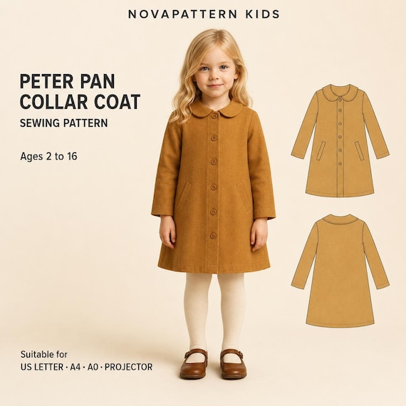 Kids Peter Pan Collar Coat Sewing Pattern, Classic Button Down Jacket PDF Pattern, Toddler to Teen Girl Outerwear, Ages 2-16,A4 A0 US Letter